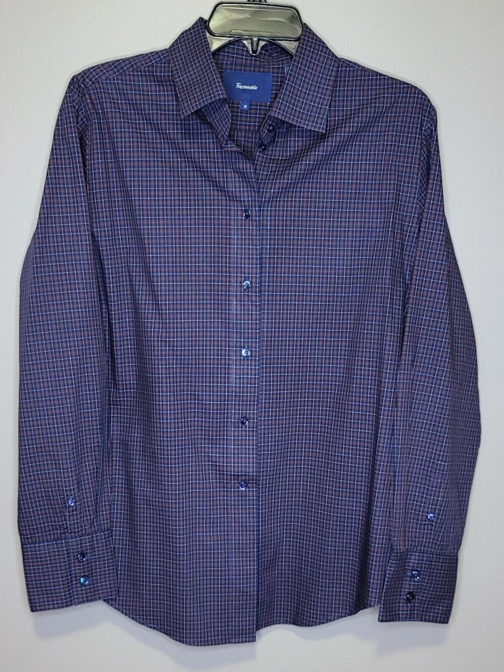 Façonnable Women’s Size 12 Navy Rust Plaid Long Sleeve Button Down Shirt
